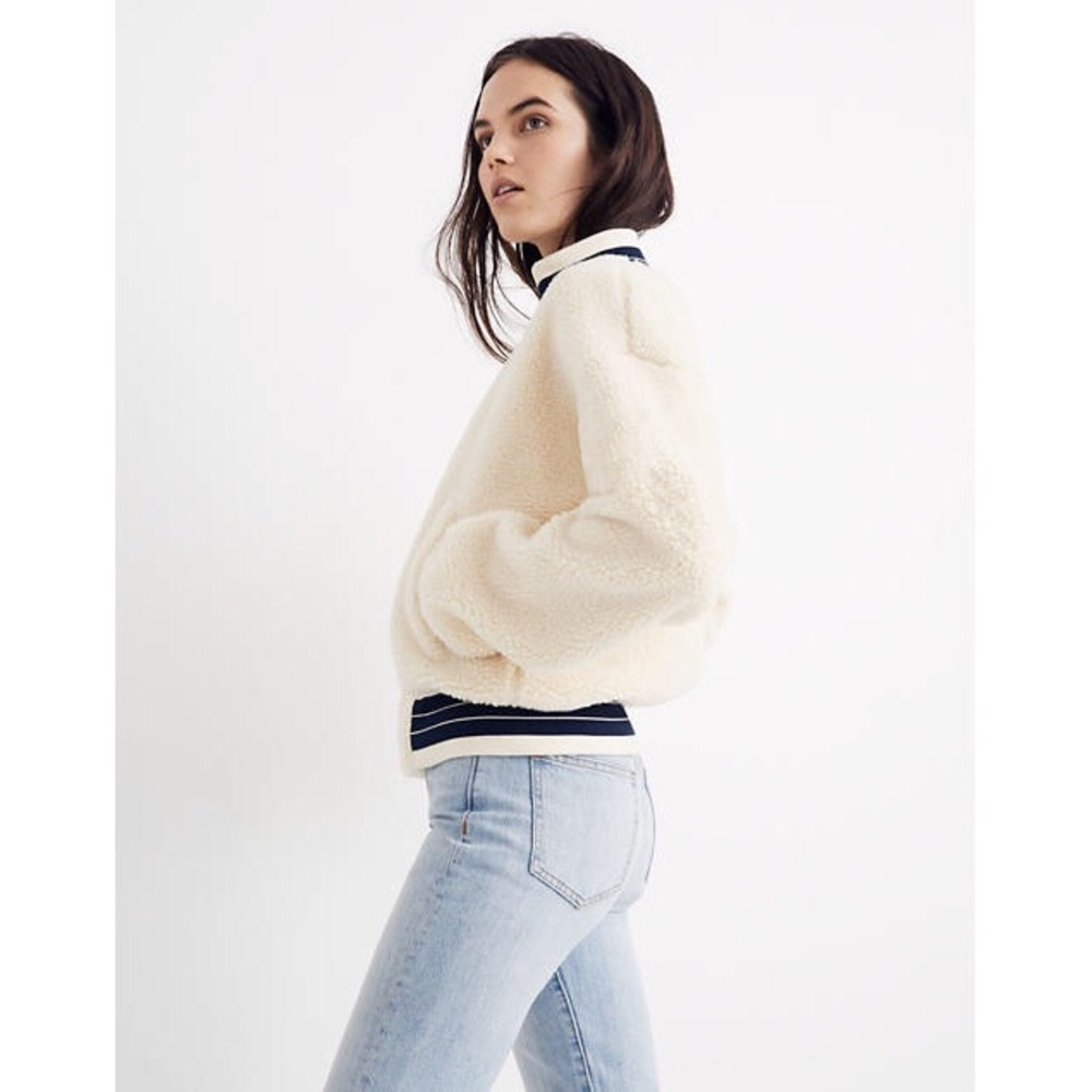 Madewell Sherpa Varsity Bomber Jacket in Ivory | Size XS - Picture 2 of 9